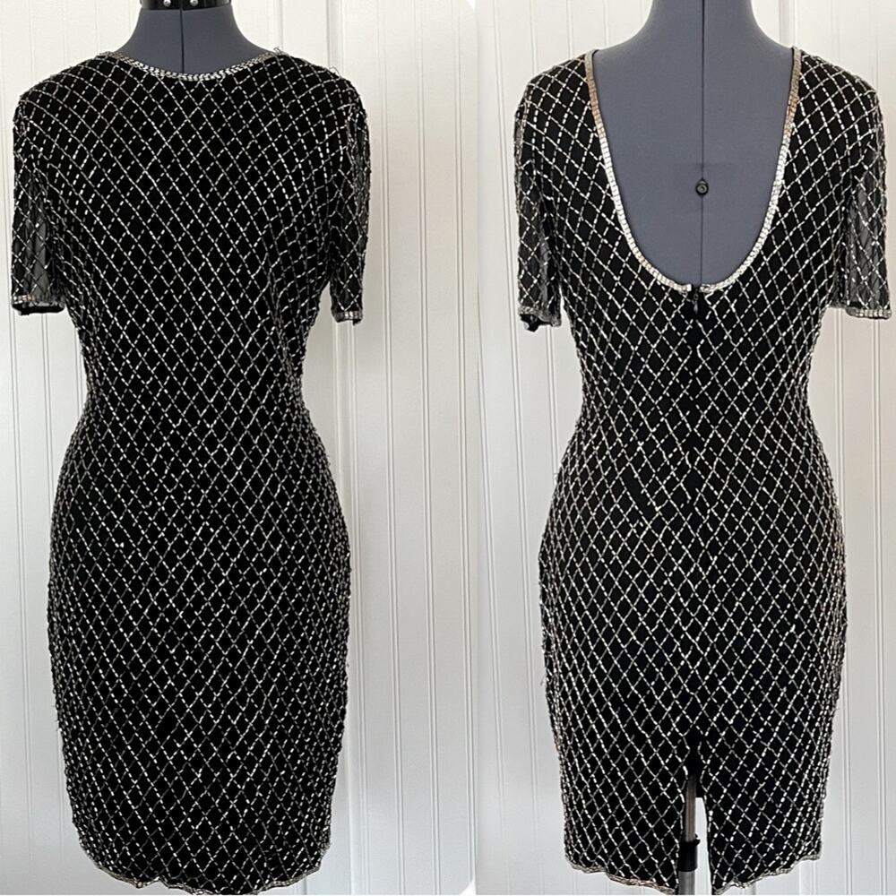 Vintage Black Silk Beaded Gown Dress Slinky Sexy Open Back Sparkly Sheer Sleeves